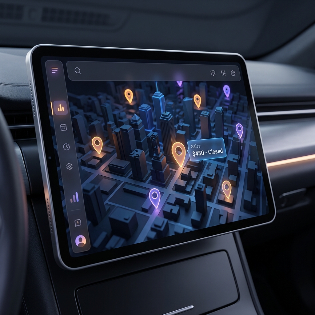 Realistic FieldCRM Map Interface showing pins and sales data